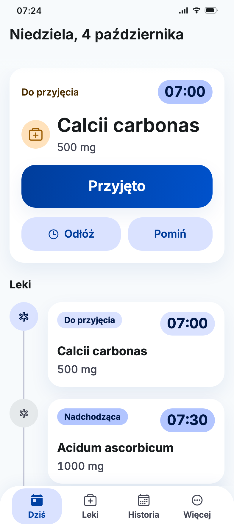 Panel dzienny w aplikacji Pillio z listą zaplanowanych dawek
